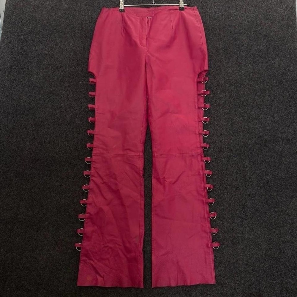Wilsons Leather Pink Leather Side Ring Pants Women's 12 Y2K Moto Flare Rave